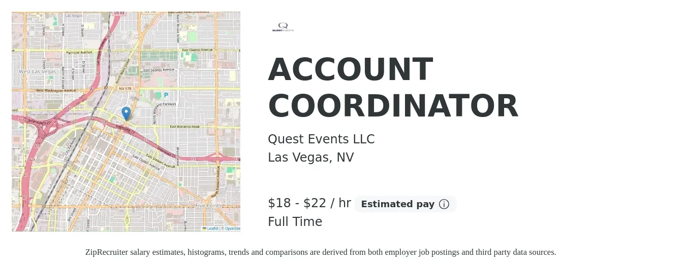 Quest Events LLC job posting for a ACCOUNT COORDINATOR in Las Vegas, NV with a salary of $19 to $23 Hourly with a map of Las Vegas location.