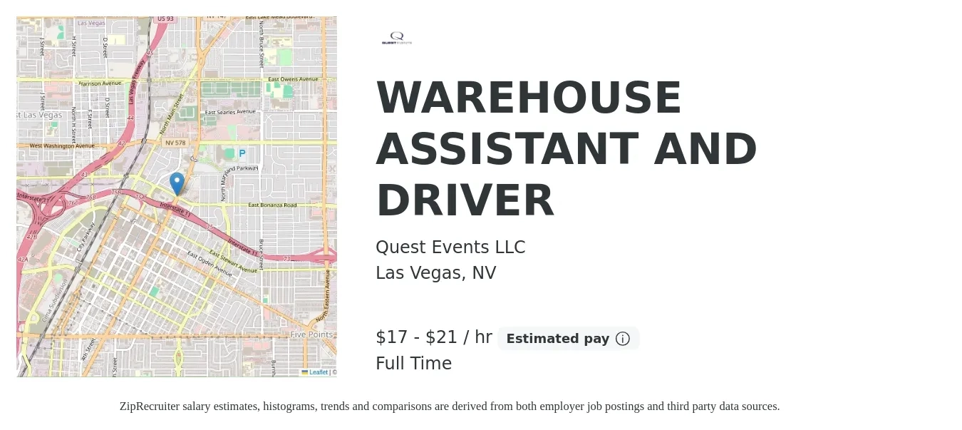 Quest Events LLC job posting for a WAREHOUSE ASSISTANT AND DRIVER in Las Vegas, NV with a salary of $18 to $22 Hourly with a map of Las Vegas location.