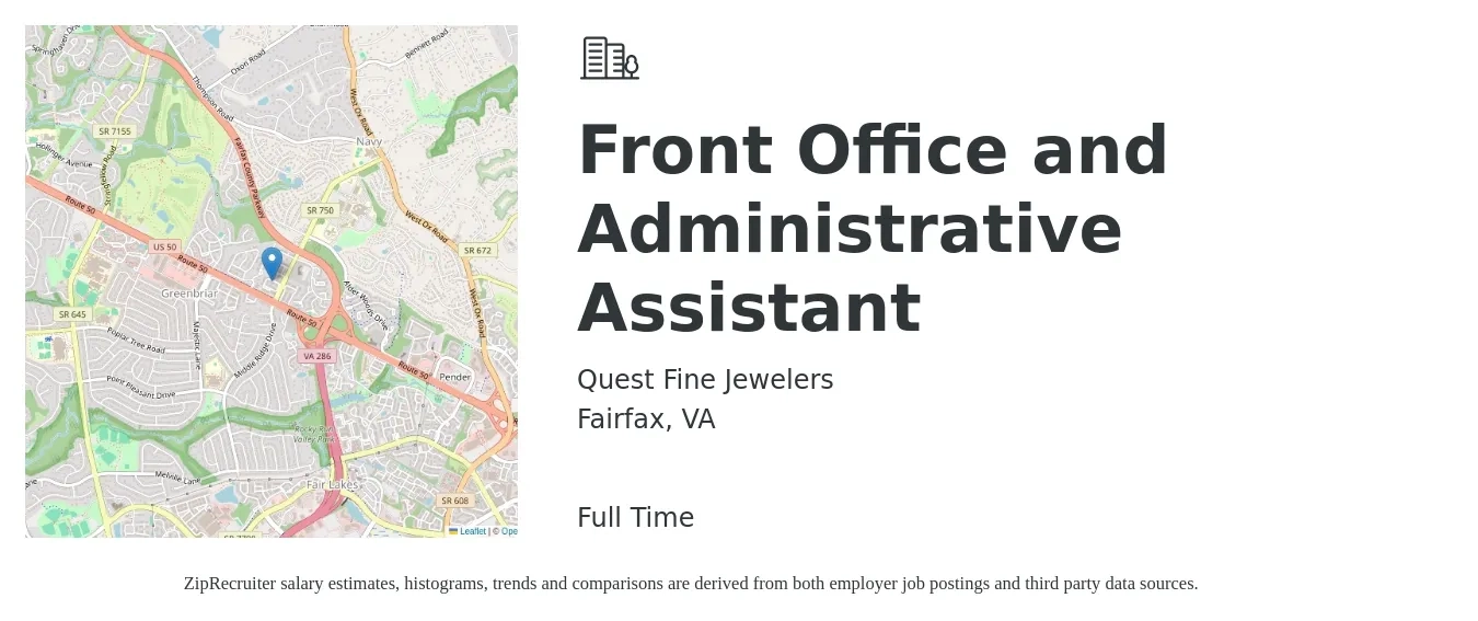 Quest Fine Jewelers job posting for a Front Office and Administrative Assistant in Fairfax, VA with a salary of $18 to $24 Hourly with a map of Fairfax location.