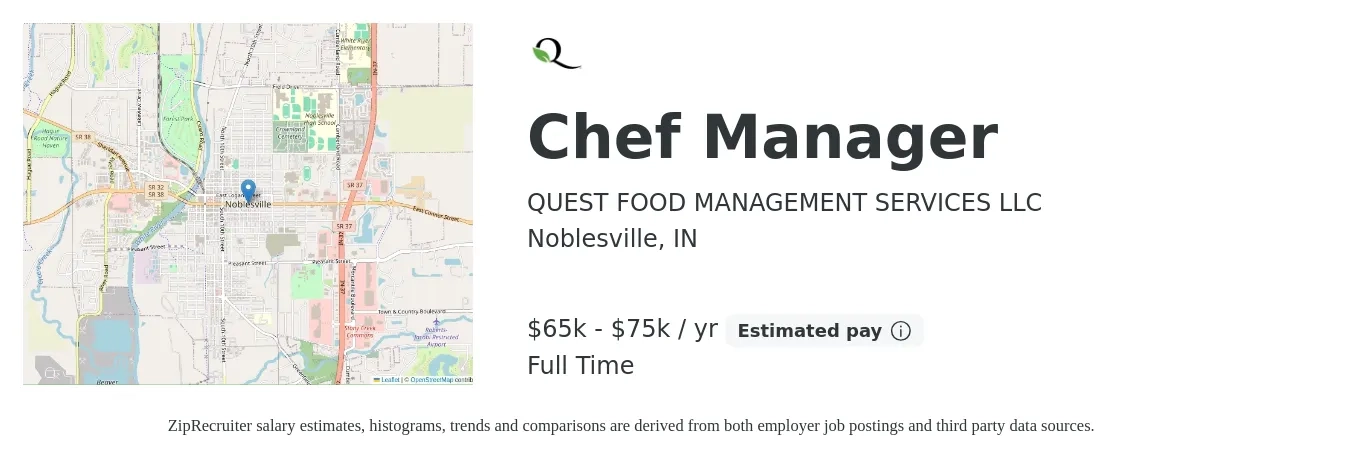 QUEST FOOD MANAGEMENT SERVICES LLC job posting for a Chef Manager in Noblesville, IN with a salary of $65,000 to $75,000 Yearly with a map of Noblesville location.