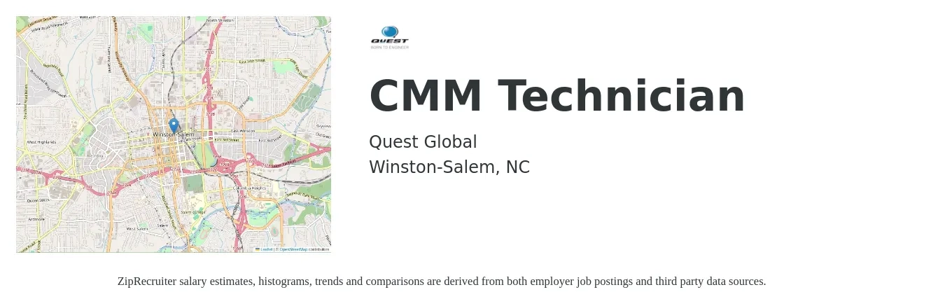 Quest Global job posting for a CMM Technician in Winston-Salem, NC with a salary of $20 to $29 Hourly with a map of Winston-Salem location.