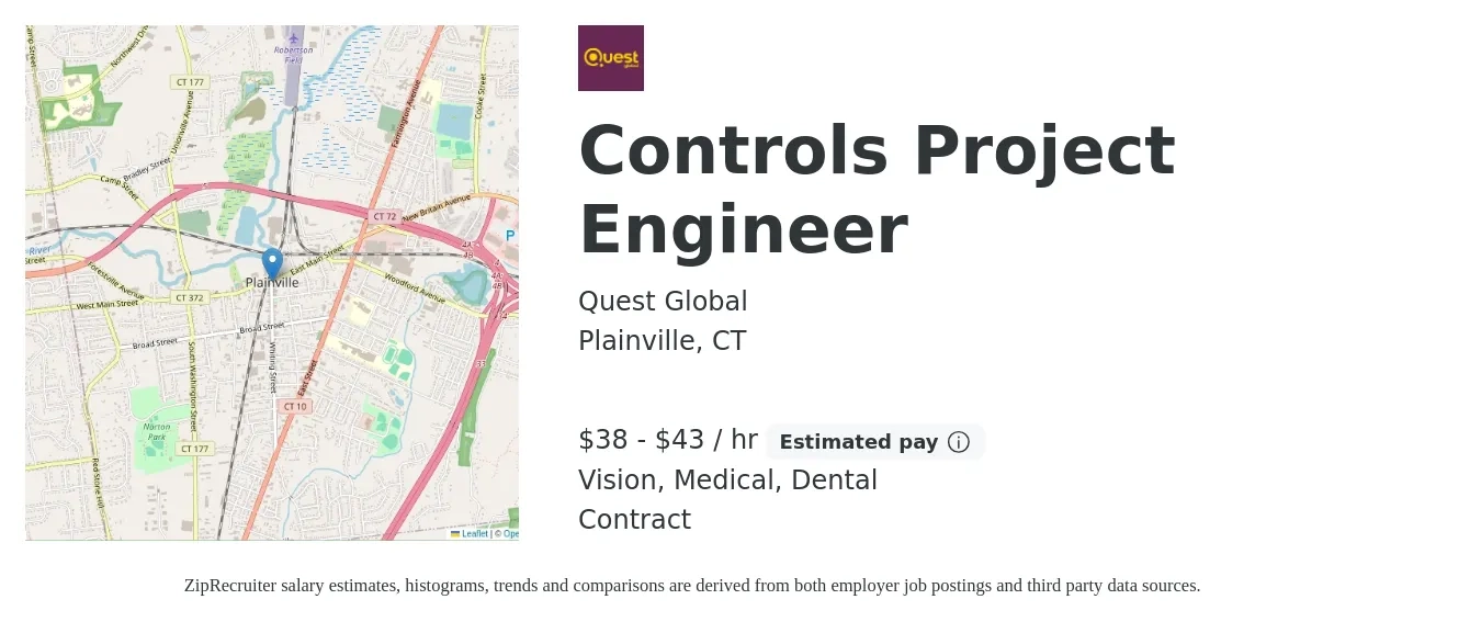 Quest Global job posting for a Controls Project Engineer in Plainville, CT with a salary of $40 to $45 Hourly and benefits including life_insurance, medical, pto, vision, and dental with a map of Plainville location.