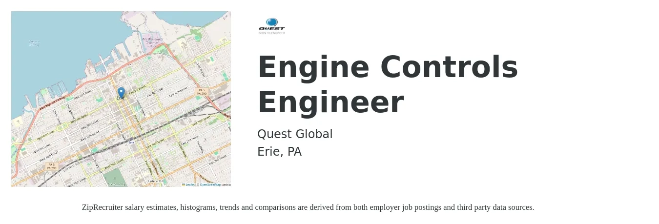 Quest Global job posting for a Engine Controls Engineer in Erie, PA with a salary of $80,900 to $104,600 Yearly with a map of Erie location.