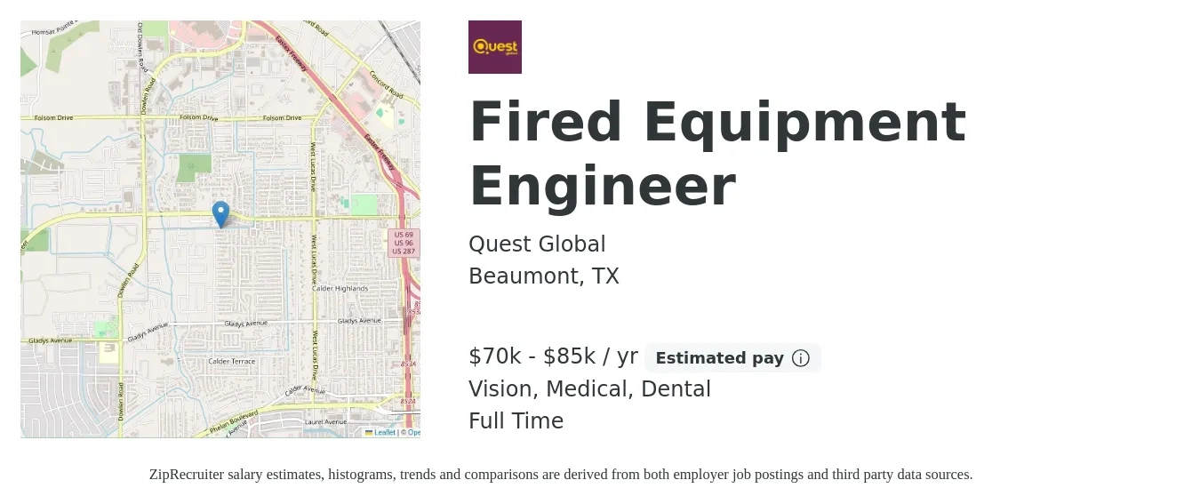 Quest Global job posting for a Fired Equipment Engineer in Beaumont, TX with a salary of $70,000 to $85,000 Yearly and benefits including dental, life_insurance, medical, pto, retirement, and vision with a map of Beaumont location.