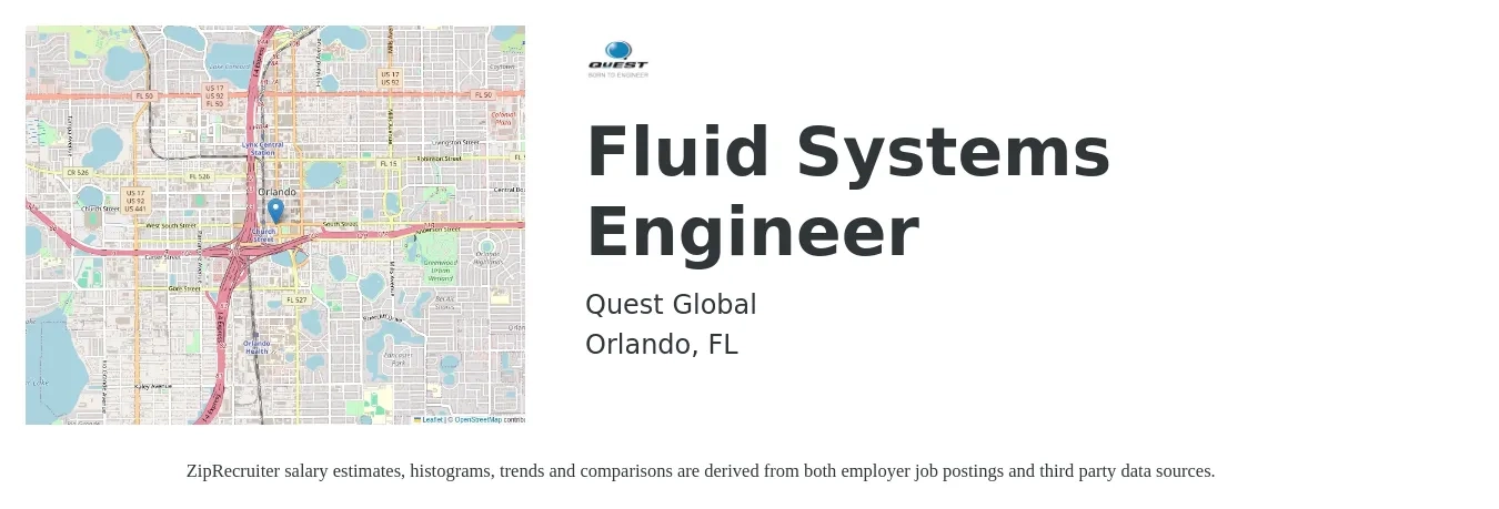 Quest Global job posting for a Fluid Systems Engineer in Orlando, FL with a salary of $91,500 to $146,600 Yearly with a map of Orlando location.