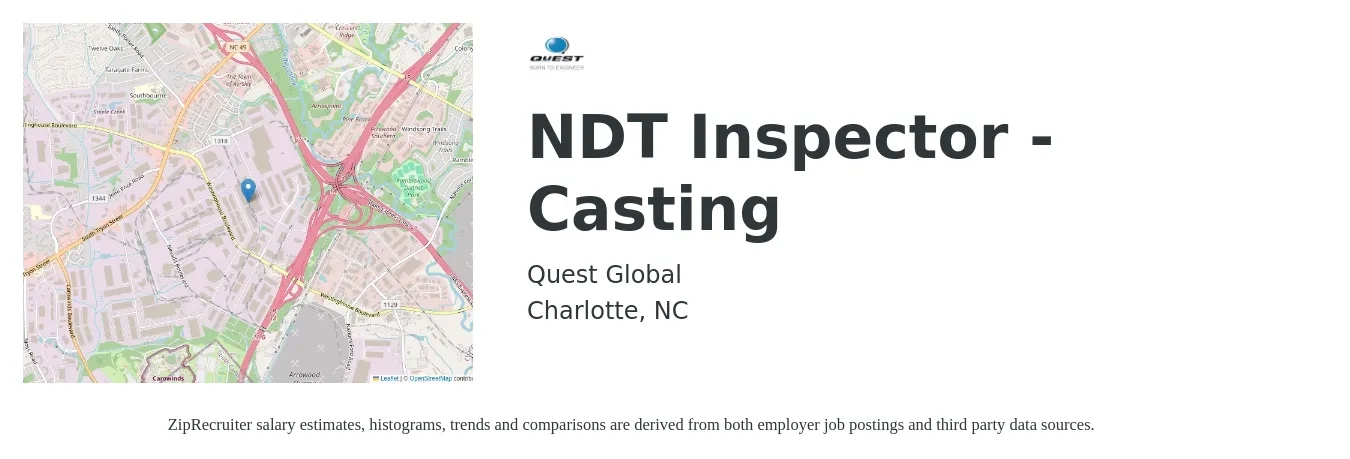 Quest Global job posting for a NDT Inspector - Casting in Charlotte, NC with a salary of $24 to $34 Hourly with a map of Charlotte location.