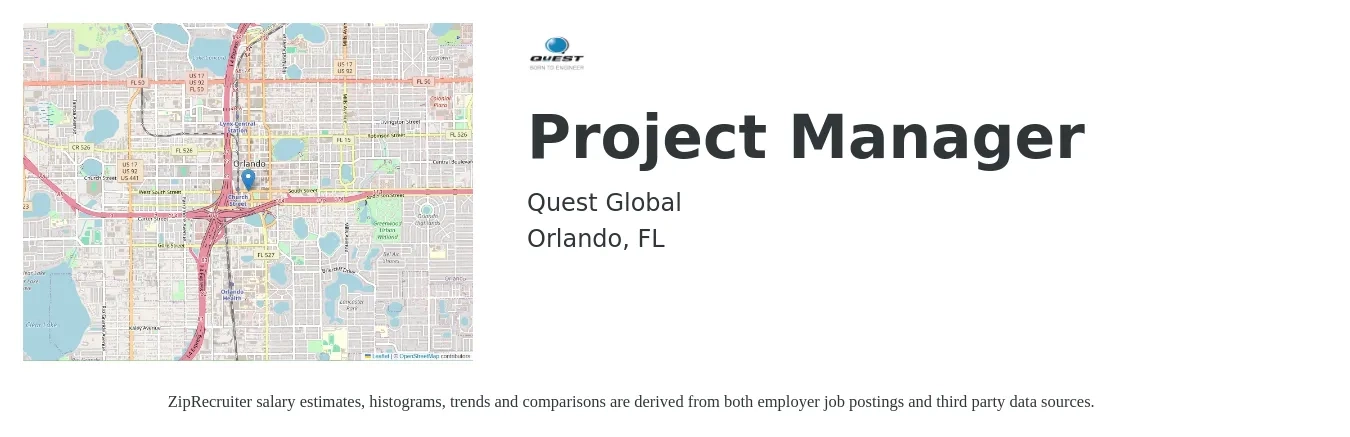 Quest Global job posting for a Project Manager in Orlando, FL with a salary of $73,300 to $114,800 Yearly with a map of Orlando location.