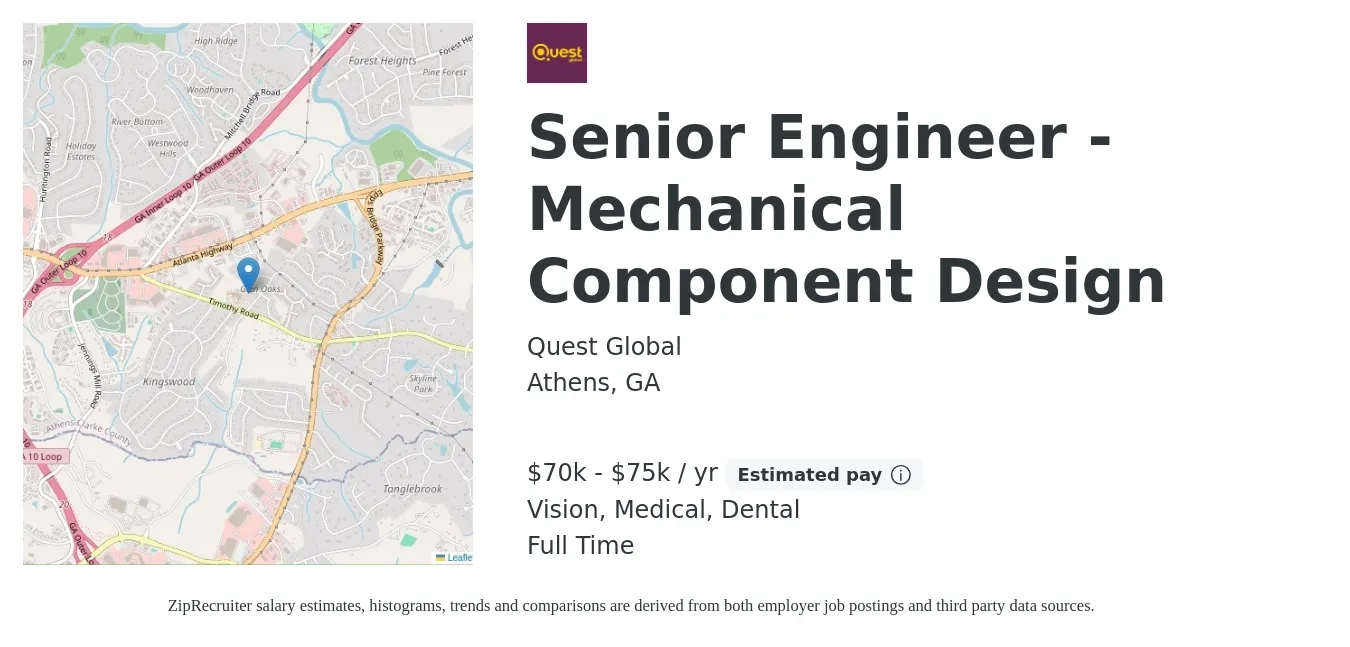 Quest Global job posting for a Senior Engineer - Mechanical Component Design in Athens, GA with a salary of $70,000 to $75,000 Yearly and benefits including life_insurance, medical, pto, vision, and dental with a map of Athens location.
