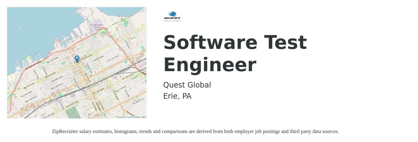 Quest Global job posting for a Software Test Engineer in Erie, PA with a salary of $42 to $59 Hourly with a map of Erie location.