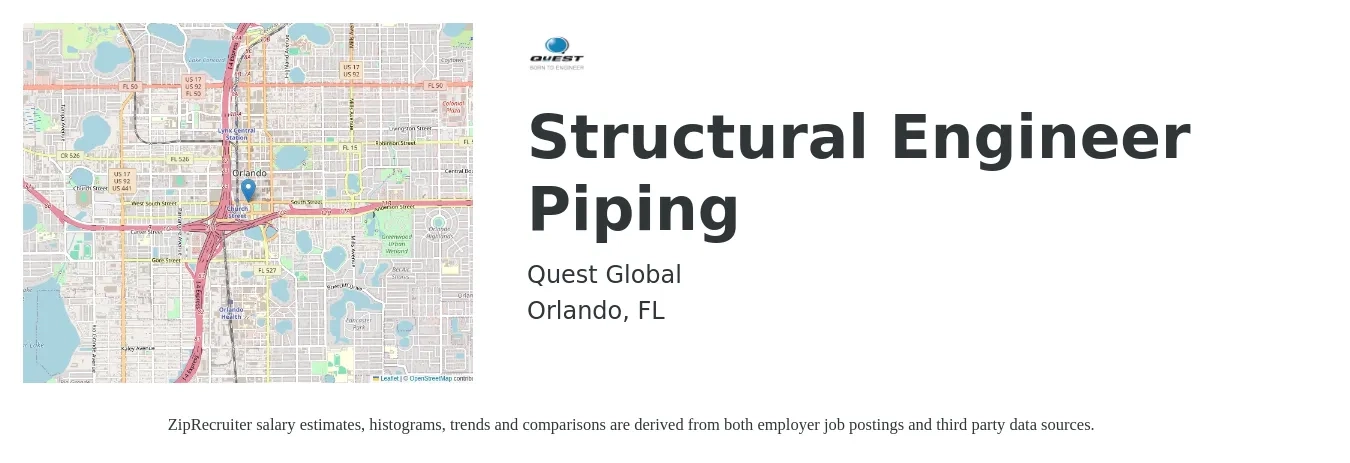 Quest Global job posting for a Structural Engineer Piping in Orlando, FL with a salary of $74,700 to $105,500 Yearly with a map of Orlando location.