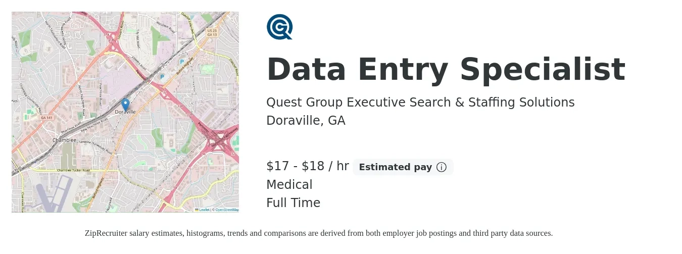 Quest Group Executive Search & Staffing Solutions job posting for a Data Entry Specialist in Doraville, GA with a salary of $18 to $19 Hourly and benefits including medical, pto, and retirement with a map of Doraville location.