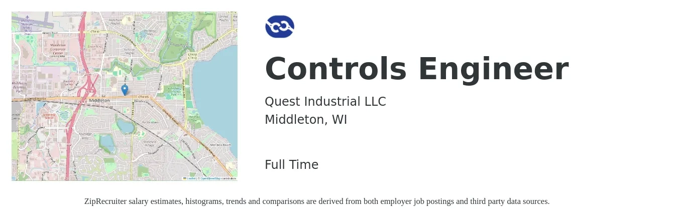 Quest Industrial LLC job posting for a Controls Engineer in Middleton, WI with a salary of $85,800 to $110,900 Yearly with a map of Middleton location.
