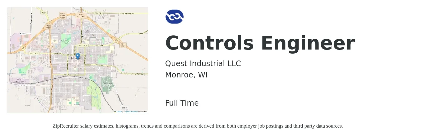 Quest Industrial LLC job posting for a Controls Engineer in Monroe, WI with a salary of $78,700 to $101,800 Yearly with a map of Monroe location.