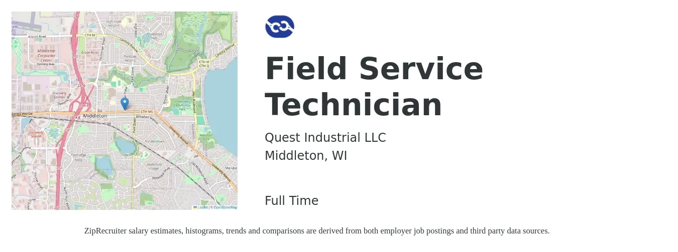 Quest Industrial LLC job posting for a Field Service Technician in Middleton, WI with a salary of $20 to $30 Hourly with a map of Middleton location.