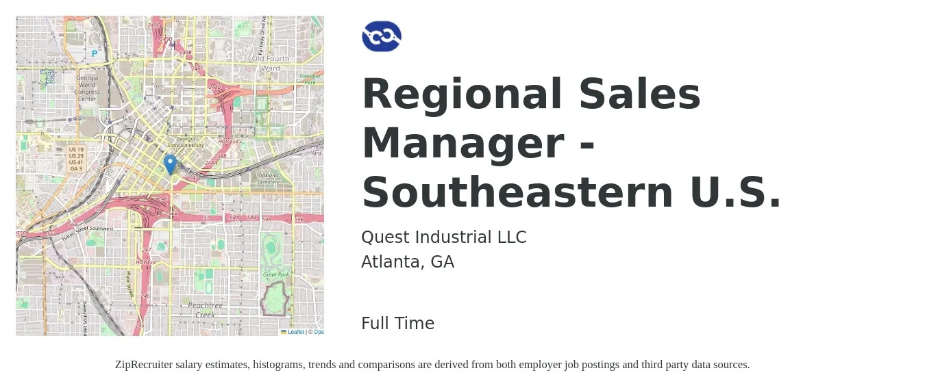 Quest Industrial LLC job posting for a Regional Sales Manager - Southeastern U.S. in Atlanta, GA with a salary of $69,200 to $108,200 Yearly with a map of Atlanta location.
