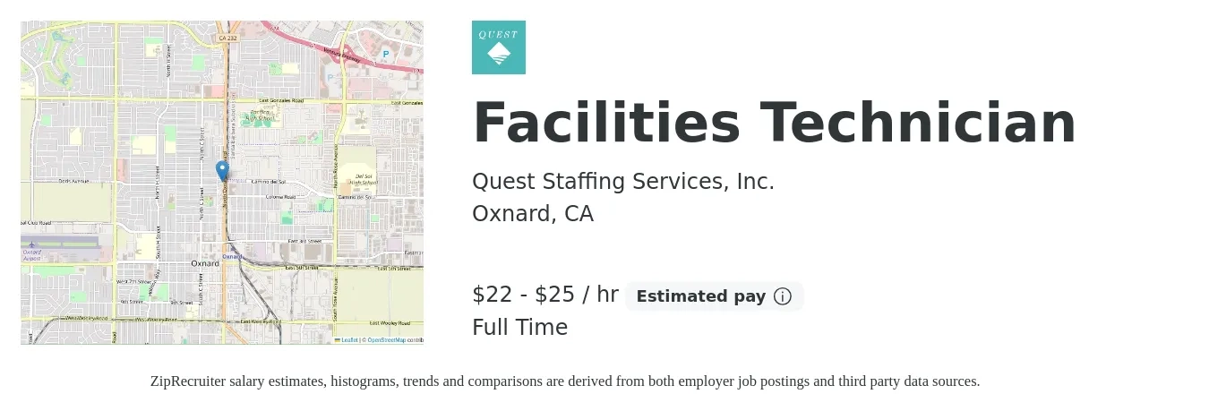 Quest Staffing Services, Inc. job posting for a Facilities Technician in Oxnard, CA with a salary of $23 to $27 Hourly with a map of Oxnard location.