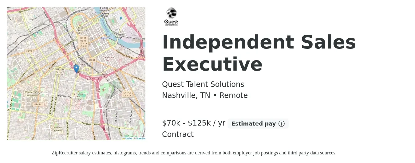 Quest Talent Solutions job posting for a Independent Sales Executive in Nashville, TN with a salary of $70,000 to $125,000 Yearly (plus commission) with a map of Nashville location.