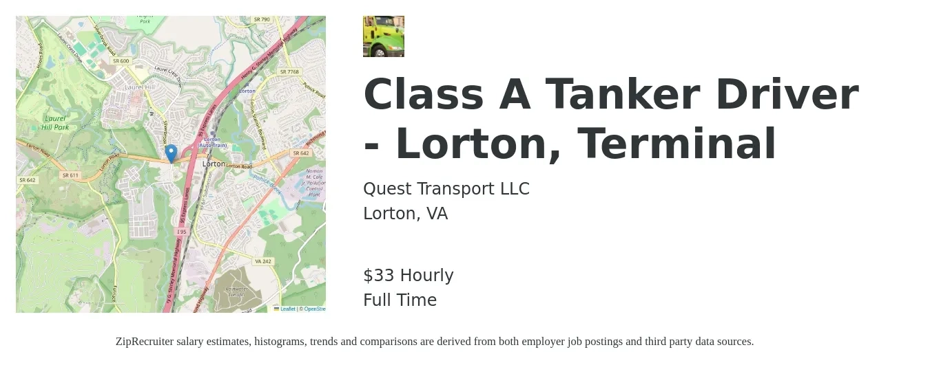 Quest Transport LLC job posting for a Class A Tanker Driver - Lorton, Terminal in Lorton, VA with a salary of $35 Hourly with a map of Lorton location.