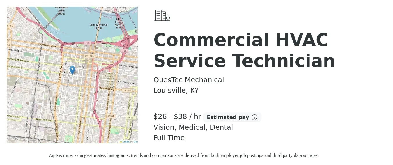QuesTec Mechanical job posting for a Commercial HVAC Service Technician in Louisville, KY with a salary of $28 to $40 Hourly and benefits including medical, pto, retirement, vision, dental, and life_insurance with a map of Louisville location.