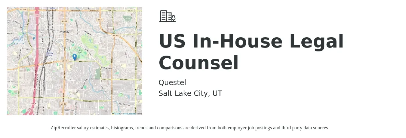 Questel job posting for a US In-House Legal Counsel in Salt Lake City, UT with a salary of $114,700 to $166,400 Yearly with a map of Salt Lake City location.