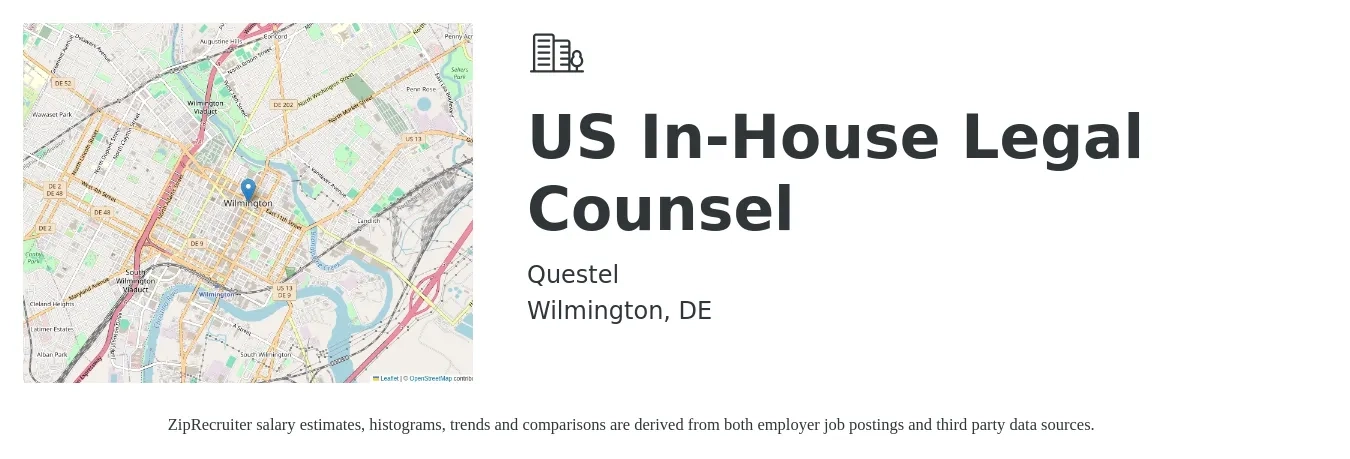 Questel job posting for a US In-House Legal Counsel in Wilmington, DE with a salary of $115,000 to $166,900 Yearly with a map of Wilmington location.