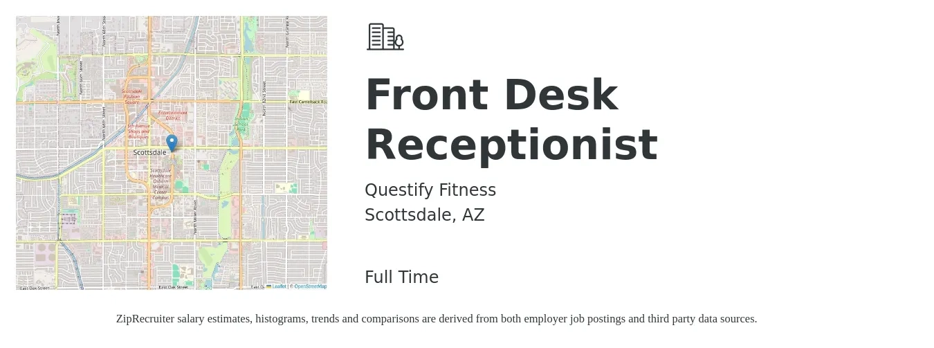 Questify Fitness job posting for a Front Desk Receptionist in Scottsdale, AZ with a salary of $15 to $20 Hourly with a map of Scottsdale location.