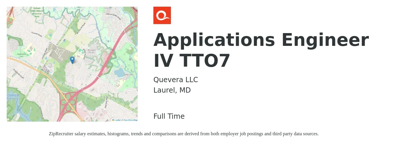 Quevera LLC job posting for a Applications Engineer IV TTO7 in Laurel, MD with a salary of $83,300 to $133,800 Yearly with a map of Laurel location.