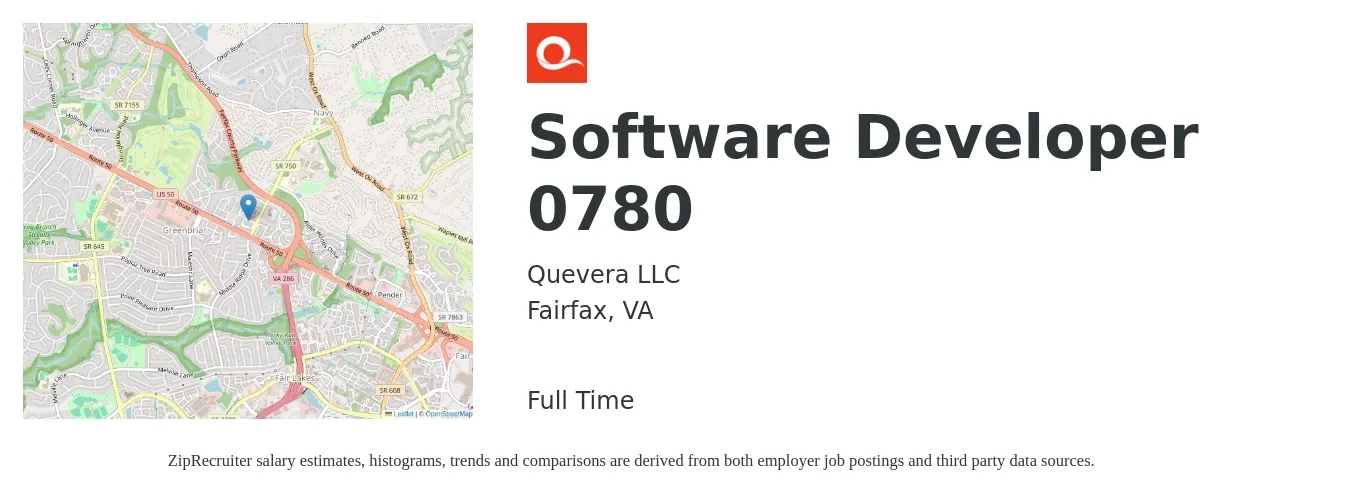 Quevera LLC job posting for a Software Developer 0780 in Fairfax, VA with a salary of $91,800 to $132,600 Yearly with a map of Fairfax location.