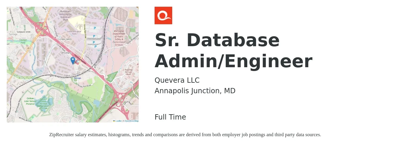Quevera LLC job posting for a Sr. Database Admin/Engineer in Annapolis Junction, MD with a salary of $51 to $70 Hourly with a map of Annapolis Junction location.