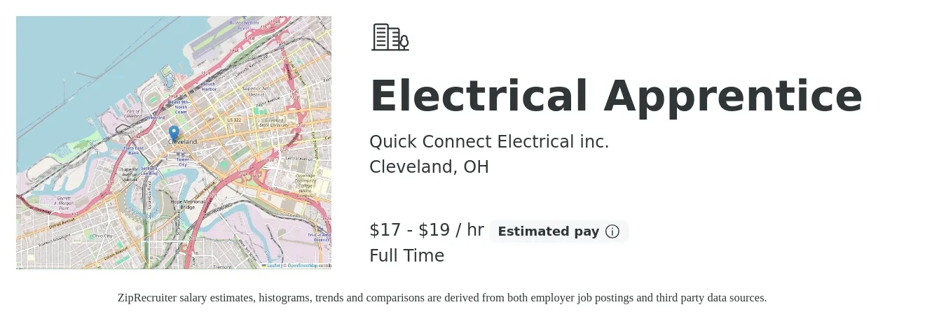 Quick Connect Electrical inc. job posting for a Electrical Apprentice in Cleveland, OH with a salary of $18 to $20 Hourly with a map of Cleveland location.