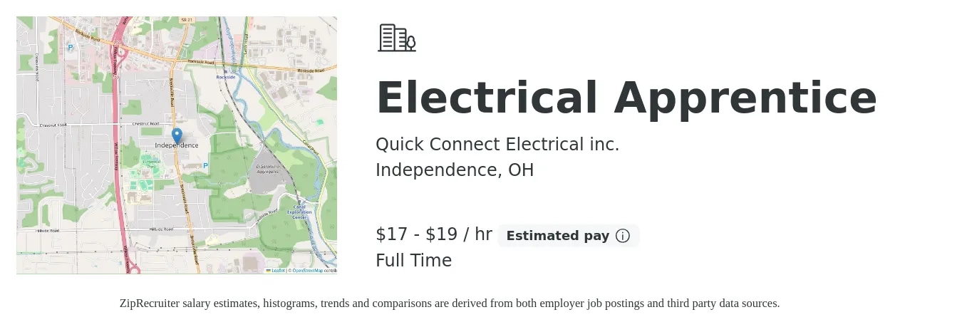 Quick Connect Electrical inc. job posting for a Electrical Apprentice in Independence, OH with a salary of $18 to $20 Hourly with a map of Independence location.