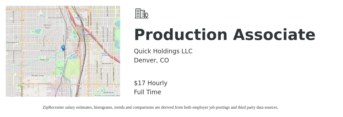Quick Holdings LLC job posting for a Production Associate in Denver, CO with a salary of $19 Hourly with a map of Denver location.