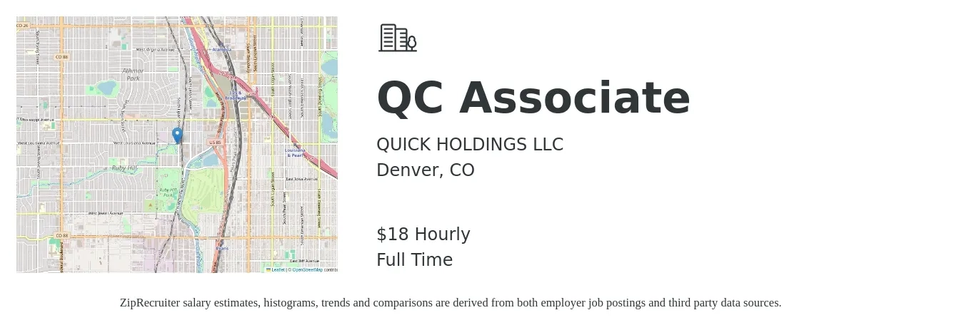 Quick Holdings LLC job posting for a QC Associate in Denver, CO with a salary of $19 Hourly with a map of Denver location.