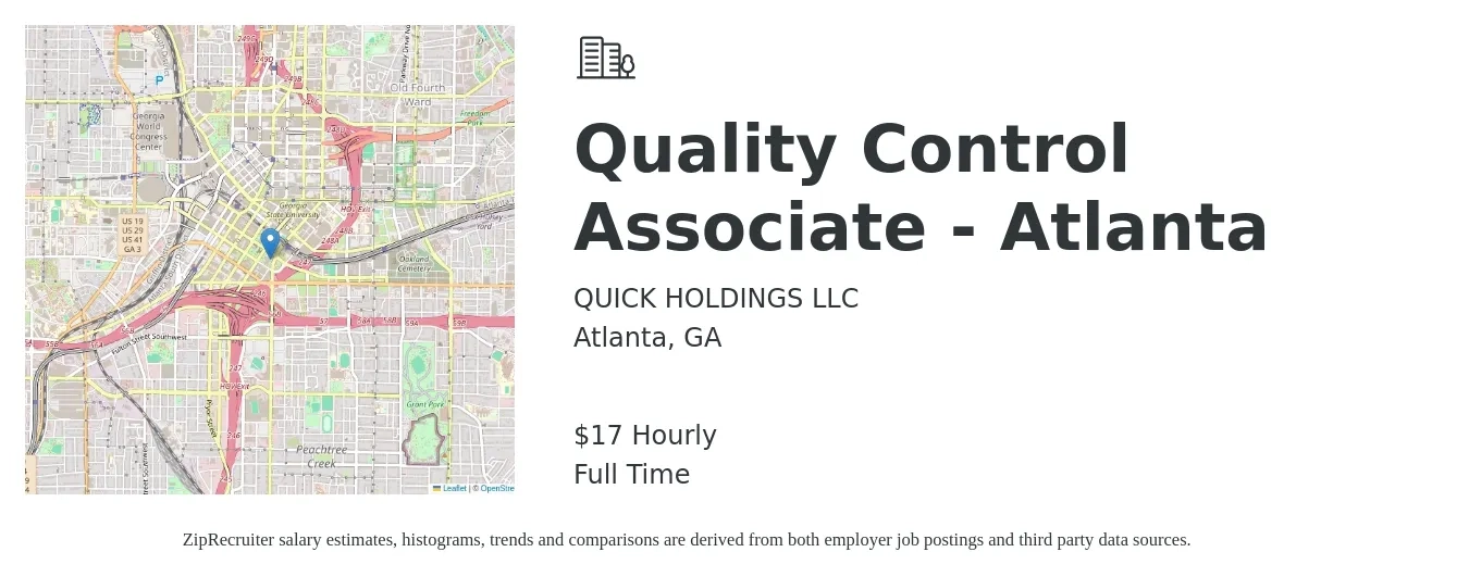 Quick Holdings LLC job posting for a Quality Control Associate - Atlanta in Atlanta, GA with a salary of $18 Hourly with a map of Atlanta location.