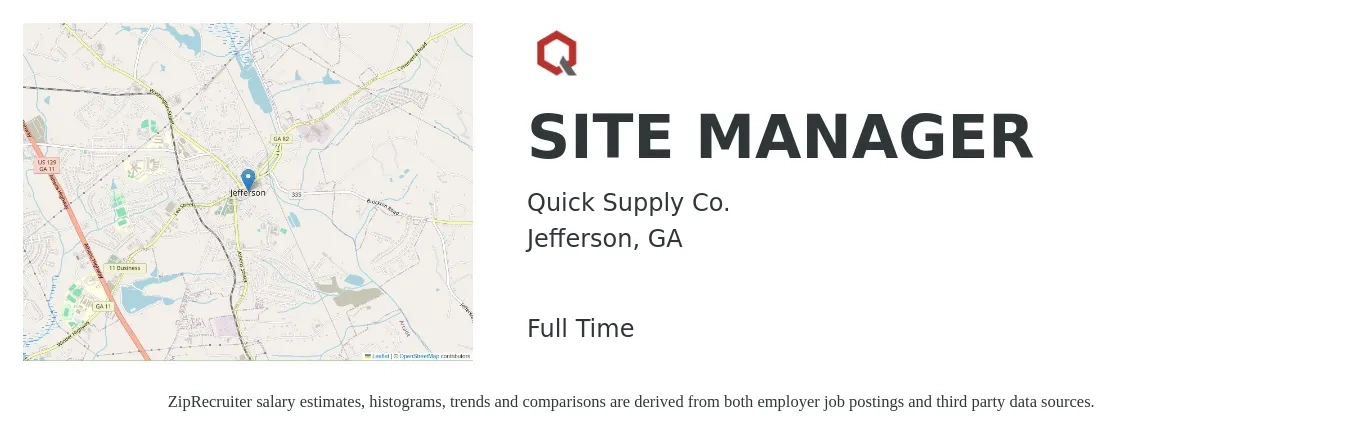 Quick Supply Co. job posting for a SITE MANAGER in Jefferson, GA with a salary of $46,200 to $111,900 Yearly with a map of Jefferson location.