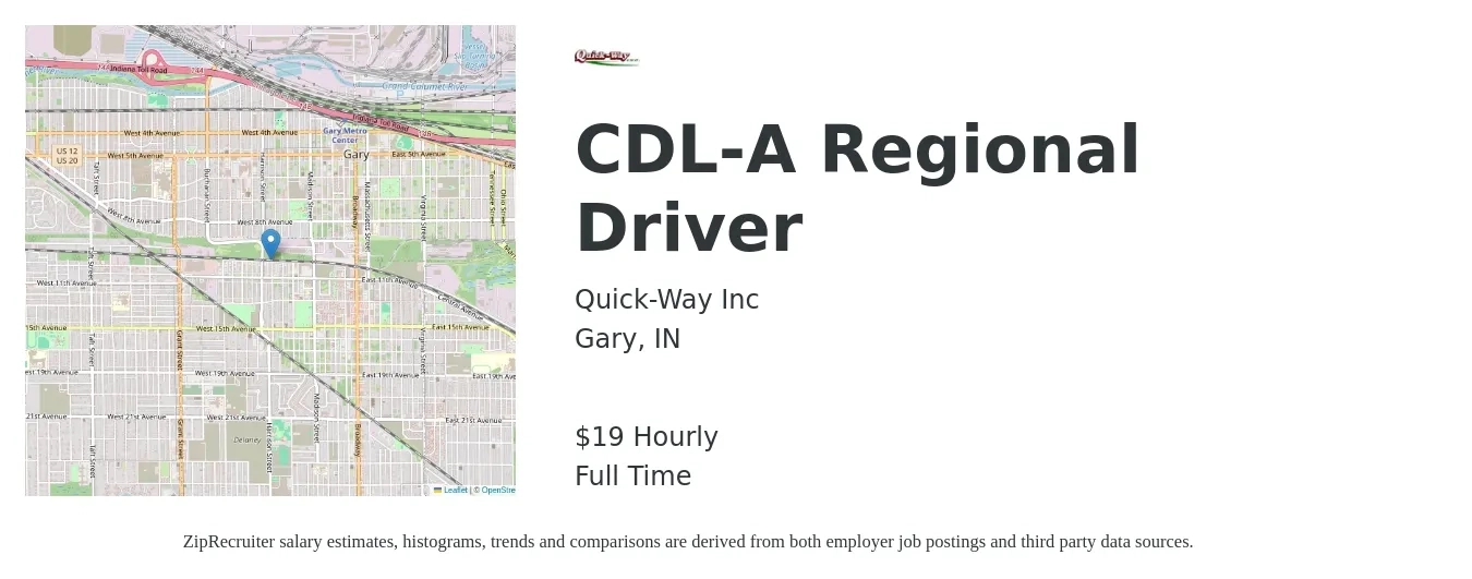 Quick-Way Inc job posting for a CDL-A Regional Driver in Gary, IN with a salary of $20 Hourly with a map of Gary location.