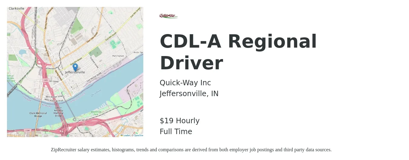 Quick-Way Inc job posting for a CDL-A Regional Driver in Jeffersonville, IN with a salary of $20 Hourly with a map of Jeffersonville location.