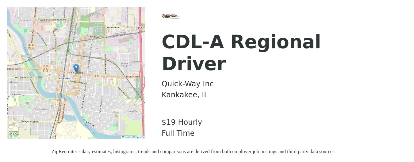 Quick-Way Inc job posting for a CDL-A Regional Driver in Kankakee, IL with a salary of $20 Hourly with a map of Kankakee location.