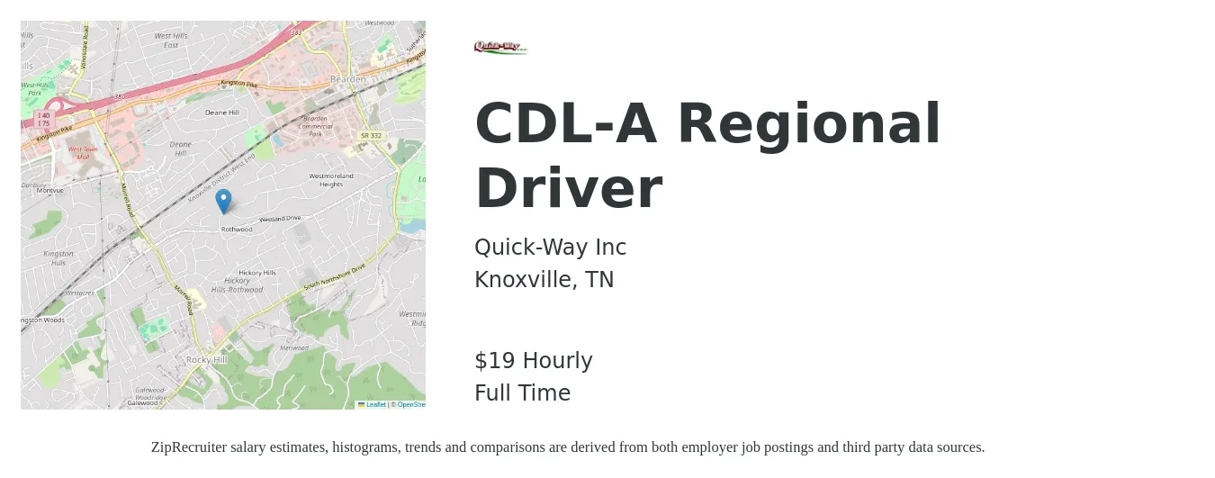 Quick-Way Inc job posting for a CDL-A Regional Driver in Knoxville, TN with a salary of $20 Hourly with a map of Knoxville location.