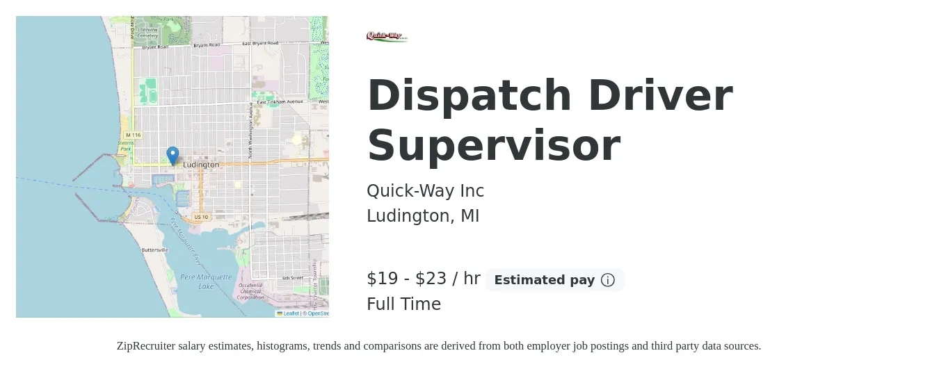 Quick-Way Inc job posting for a Dispatch Driver Supervisor in Ludington, MI with a salary of $20 to $24 Hourly with a map of Ludington location.