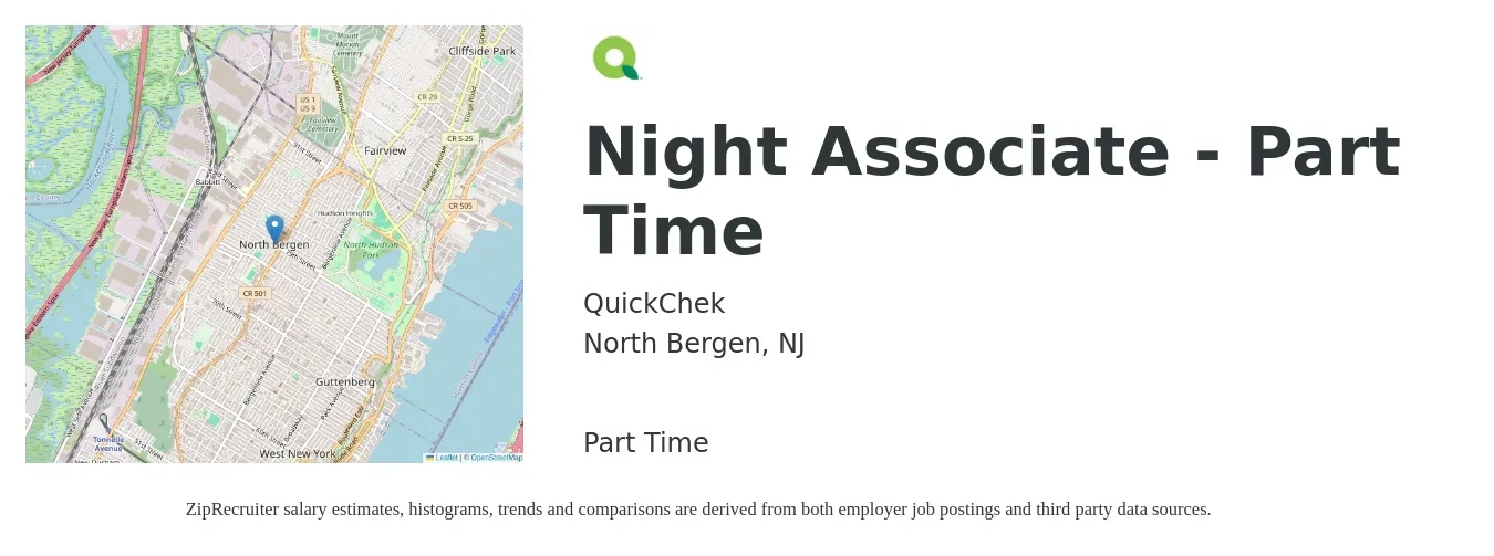QuickChek job posting for a Night Associate - Part Time in North Bergen, NJ with a salary of $18 to $24 Hourly with a map of North Bergen location.