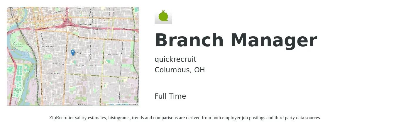 quickrecruit job posting for a Branch Manager in Columbus, OH with a salary of $55,100 to $83,100 Yearly with a map of Columbus location.