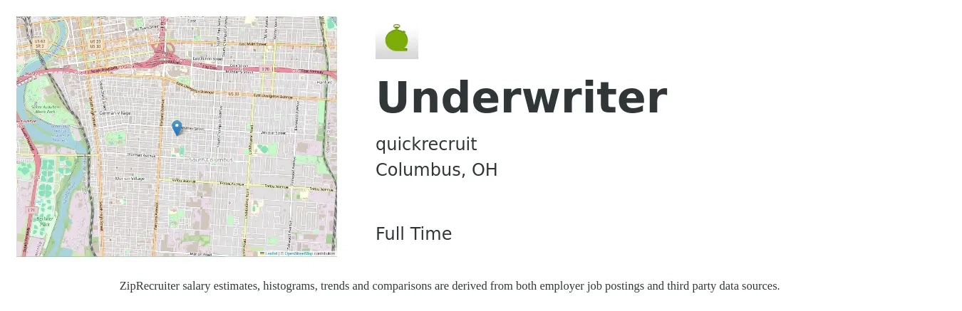 quickrecruit job posting for a Underwriter in Columbus, OH with a salary of $58,900 to $84,000 Yearly with a map of Columbus location.