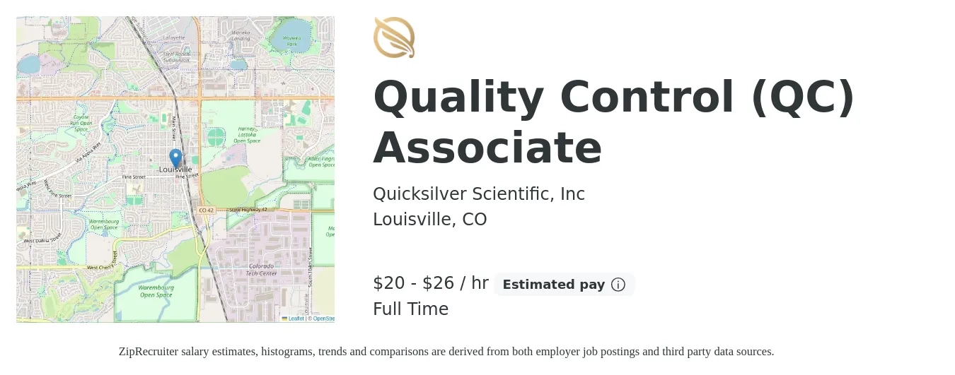 Quicksilver Scientific, Inc job posting for a Quality Control (QC) Associate in Louisville, CO with a salary of $21 to $28 Hourly with a map of Louisville location.