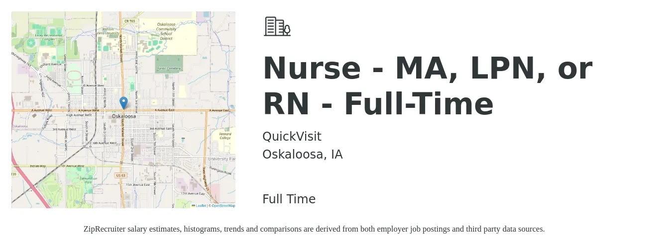 QuickVisit job posting for a Nurse - MA, LPN, or RN - Full-Time in Oskaloosa, IA with a salary of $26 to $35 Hourly with a map of Oskaloosa location.