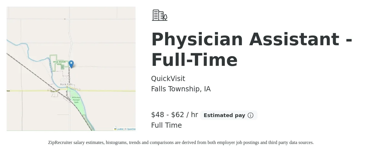 QuickVisit job posting for a Physician Assistant - Full-Time in Falls Township, IA with a salary of $50 to $65 Hourly with a map of Falls Township location.
