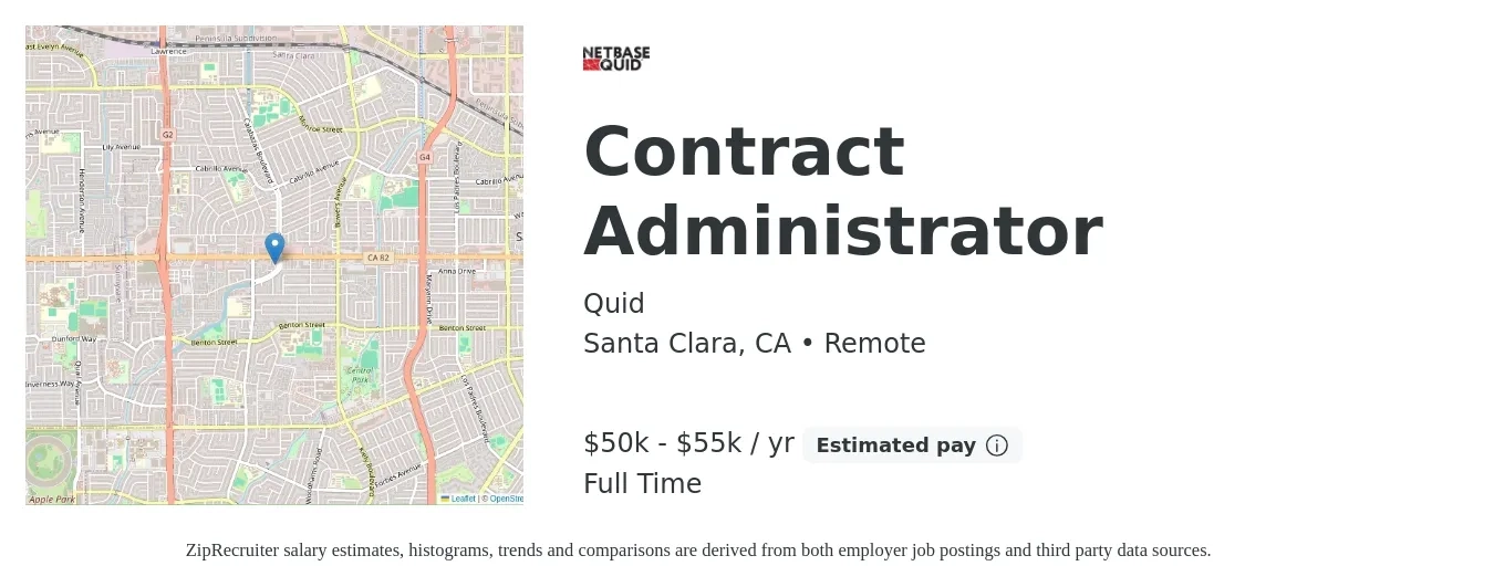 Quid job posting for a Contract Administrator in Santa Clara, CA with a salary of $50,000 to $55,000 Yearly with a map of Santa Clara location.