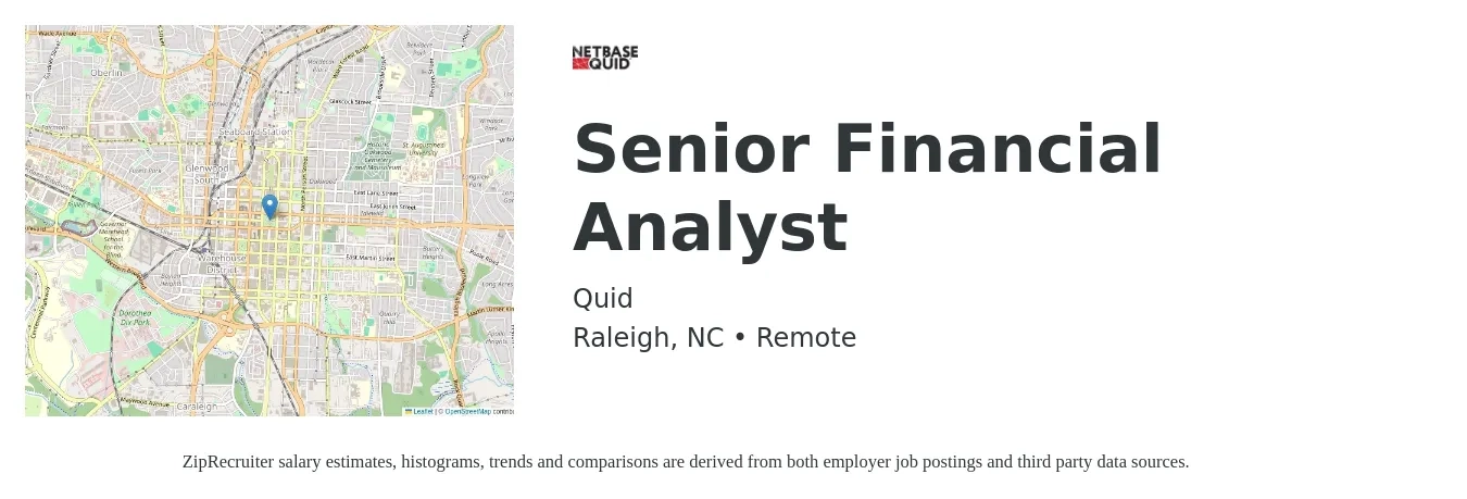 Quid job posting for a Senior Financial Analyst in Raleigh, NC with a salary of $90,000 to $100,000 Yearly with a map of Raleigh location.