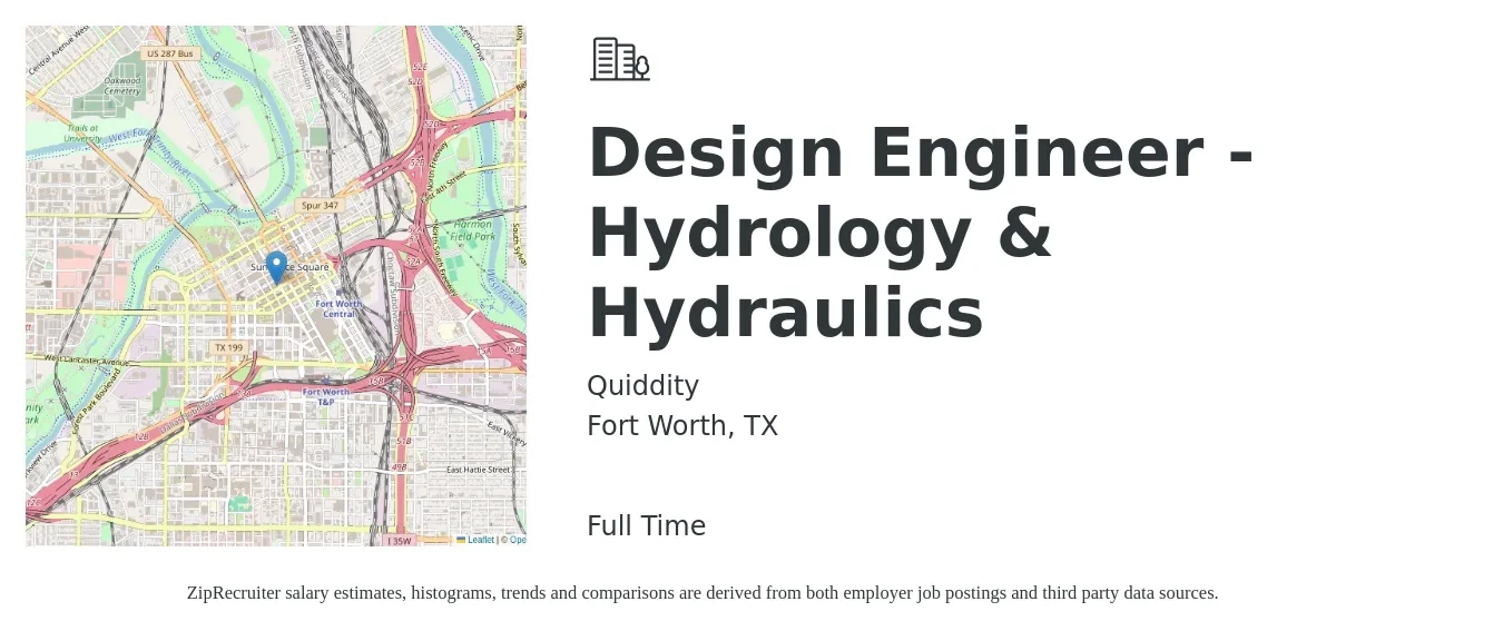 Quiddity job posting for a Design Engineer - Hydrology & Hydraulics in Fort Worth, TX with a salary of $80,000 to $103,000 Yearly with a map of Fort Worth location.
