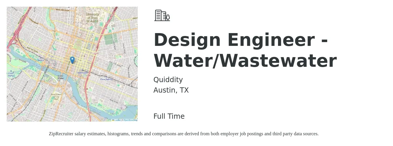 Quiddity job posting for a Design Engineer - Water/Wastewater in Austin, TX with a salary of $75,300 to $122,400 Yearly with a map of Austin location.
